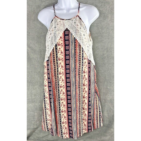 Altar'd State Women's M Sleeveless High Neck Dress‎ Lace Pink Blue Keyhole Boho - Picture 1 of 14